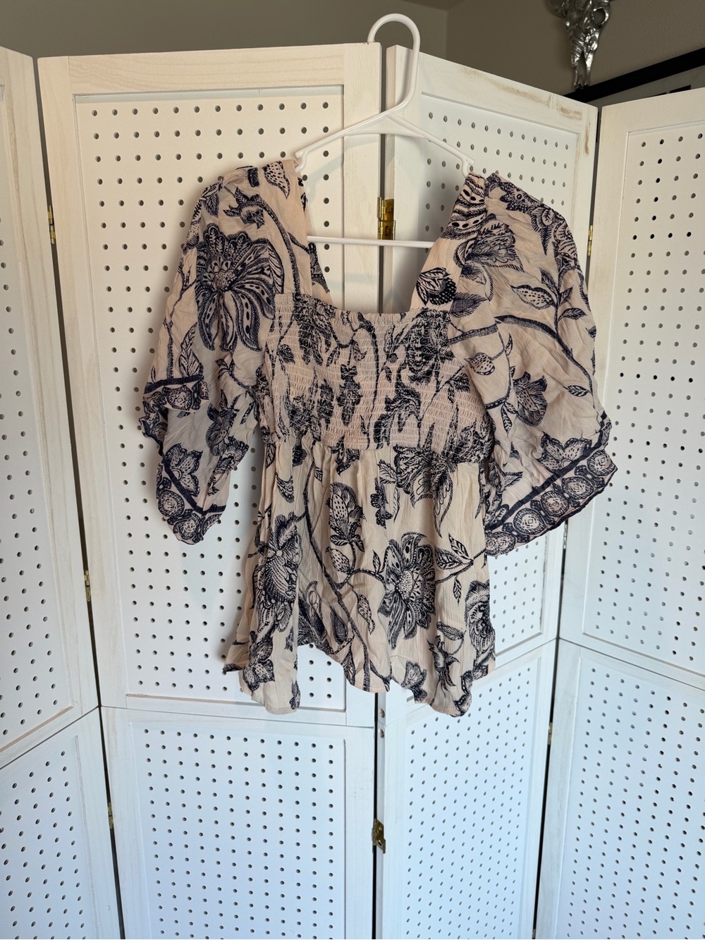 Angie Cream Peasant Tunic with Navy Floral Print